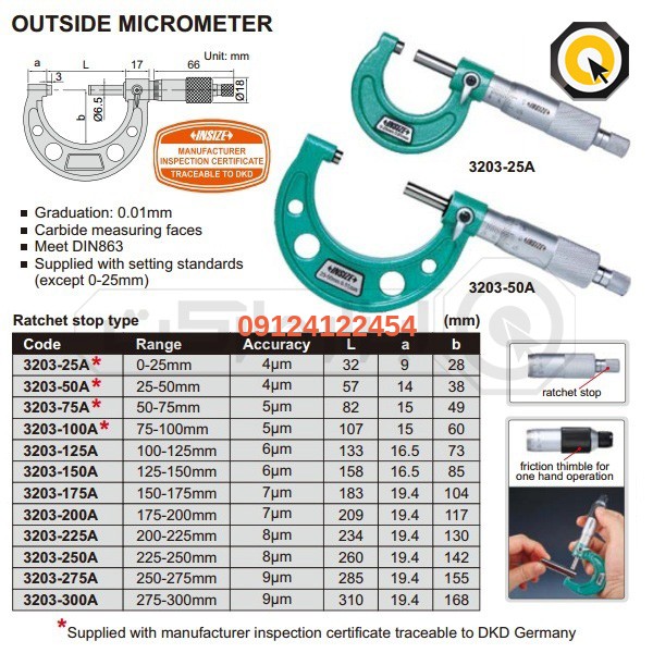 insize outside micrometer 3202 25 300 2 8